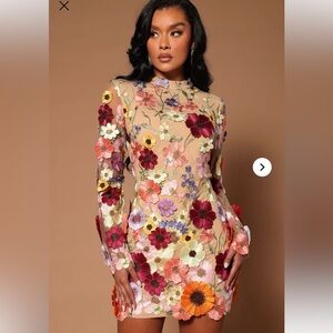 Fashion Nova Nude Floral Appliqué Long Sleeve Mini Dress
